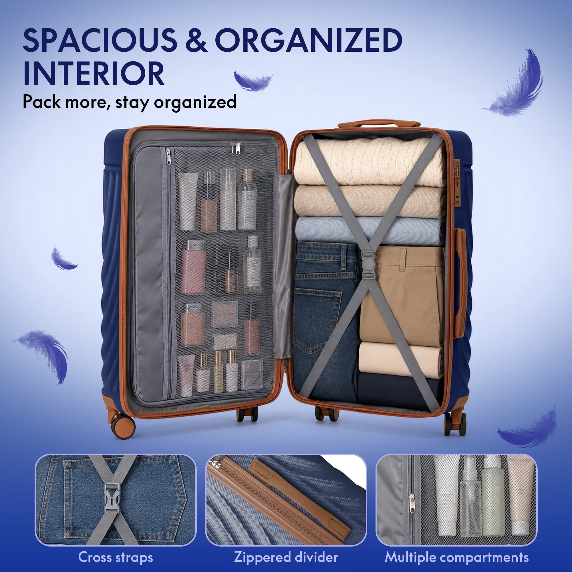 avobird 3-Piece ABS Hardshell Luggage Set – Lightweight and scratch-resistant, featuring silent 360° spinner wheels and TSA-approved locks, 20"/24"/28", Navy Blue
