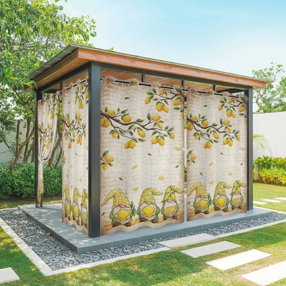 Outdoor Curtains for Patio Waterproof, Lemon Gnomes Windproof Pravicy Outside Porch Blackout Curtain, Summer Vintage Tropical Lemon Fruits Sun Blocking Grommets Curtains for Cabana 2 Panels 54"x84"