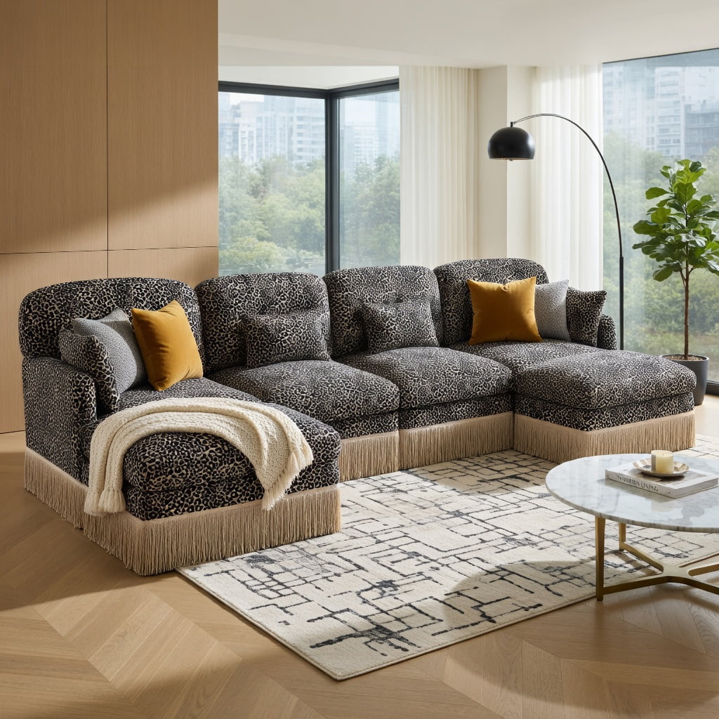 Hommoo 131" U-Shaped Modular Leopard Print Chenille Sofa Set with Tassel Trim, Movable Ottomans & Ergonomic Deep Seat Design, Living Room Sectional, khaki