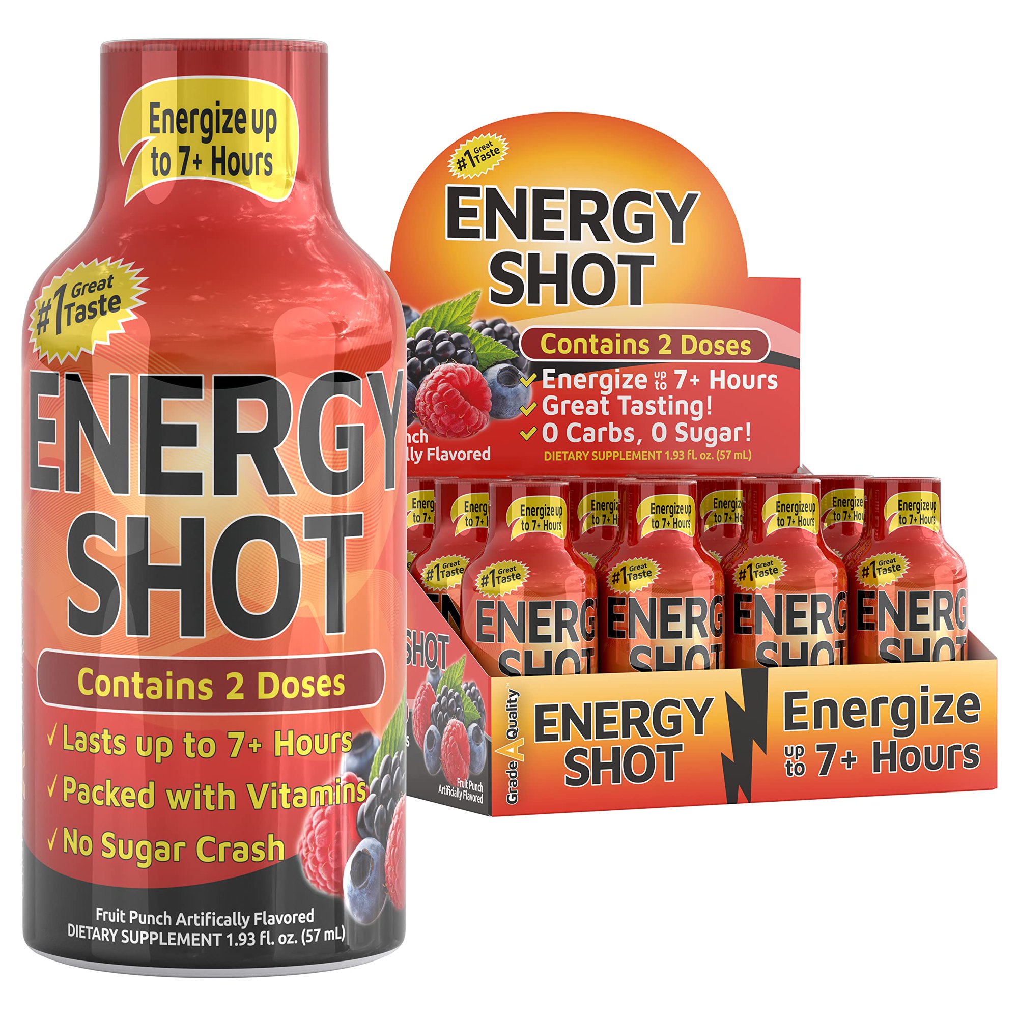 Grade A Quality Fruit Punch Extra Strength Shot, 12 Pack – 260mg Natural Caffeine, B12 & B6, 2 Servings, Zero Sugar, 1.93 fl oz