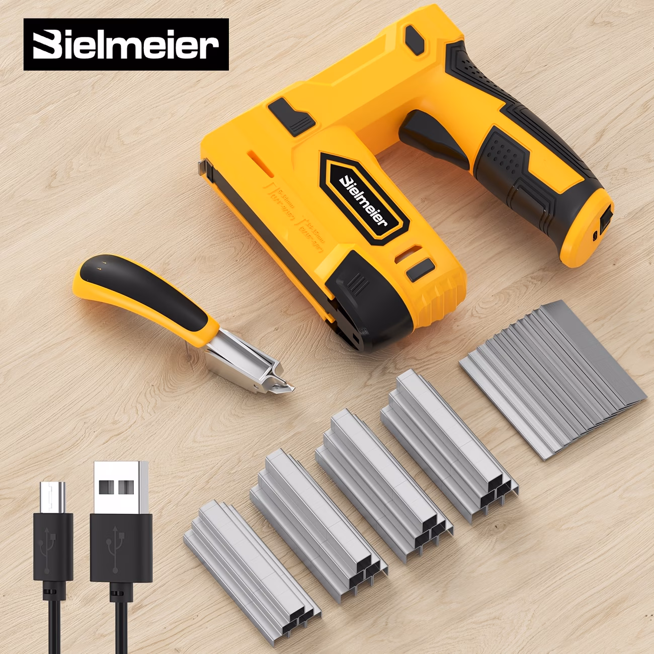 thumbnail image 3 of Bielmeier Yellow 4V Cordless 2-in-1 Electric Staple Gun with LED Light, Nails & Staples for Upholstery, Carpentry & DIY, 3 of 6