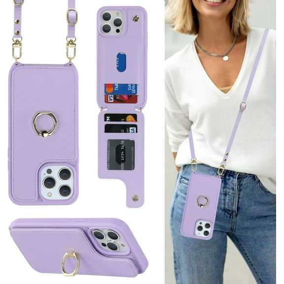 for iPhone 11 Phone Case with Card Holder and Strap for Women,Crossbody Lanyard,Stand Ring Kickstand,RFID Blocking,Phone Wallet Cases 6.1 inch(Rose Gold)