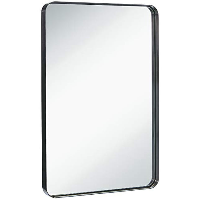 Hamilton Hills Contemporary Brushed Metal Wall Mirror | Glass Panel Black Framed Rounded Corner Deep Set Design | Mirrored Rectangle Hangs Horizontal or Vertical (24" x 36")