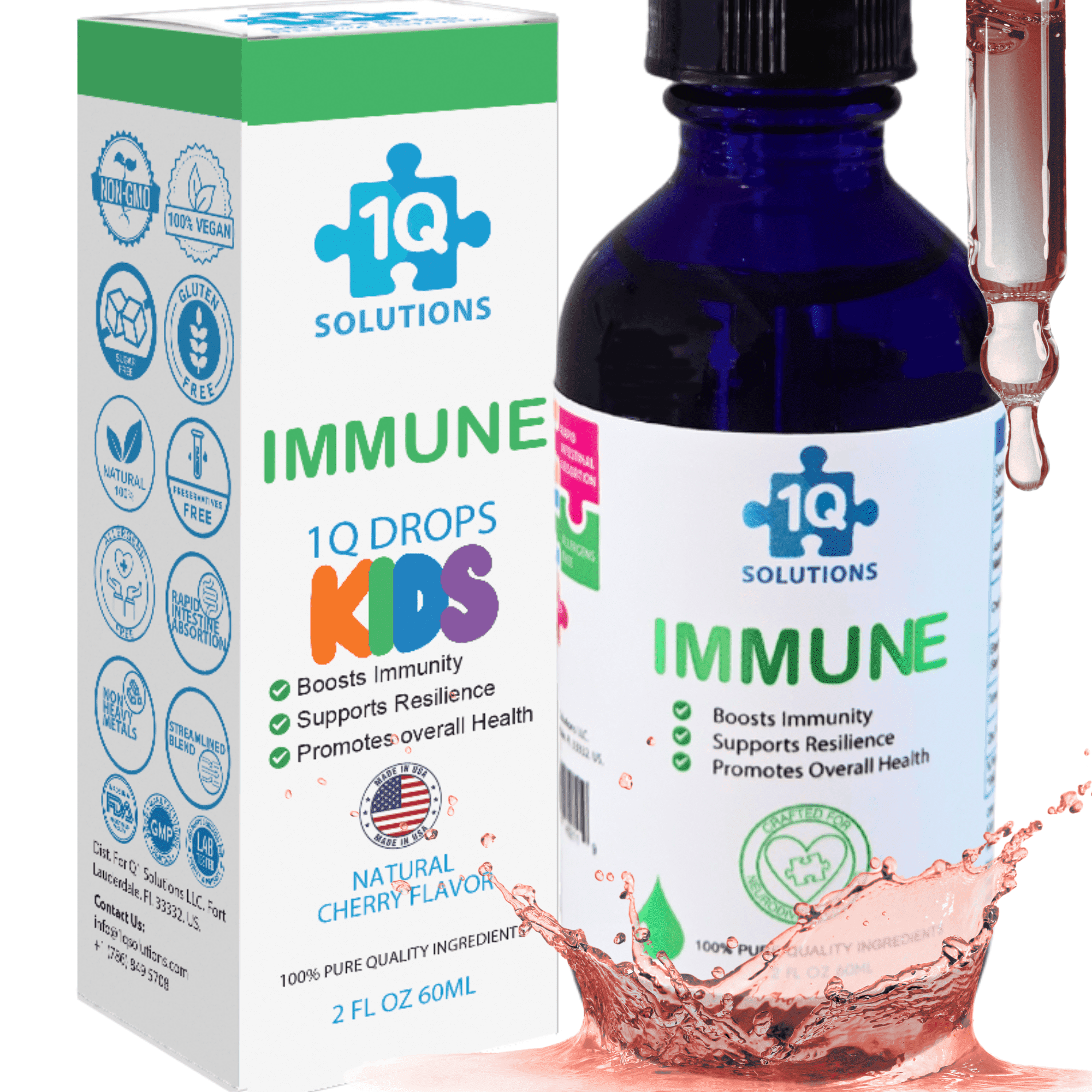 1Q Solutions Immune - Vitamin C & Zinc Liquid Drops for Toddlers & Kids, with Elderberry Extract, Turmeric & Vitamin D3 for Immune Support & Overall Health - Sugar-Free, Vegan, Gluten-Free,