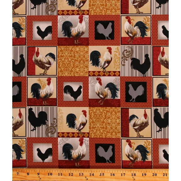 Cotton Rooster Inn Roosters Patchwork Squares Chickens Farm Farming Fowl Birds Country Kitchen Cotton Fabric Print by the Yard (112-31121)