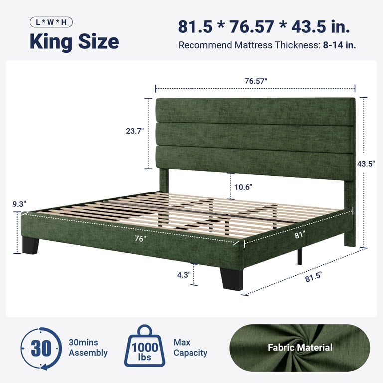 Allewie King Platform Bed Frame, Green Chenille Headboard photo 7