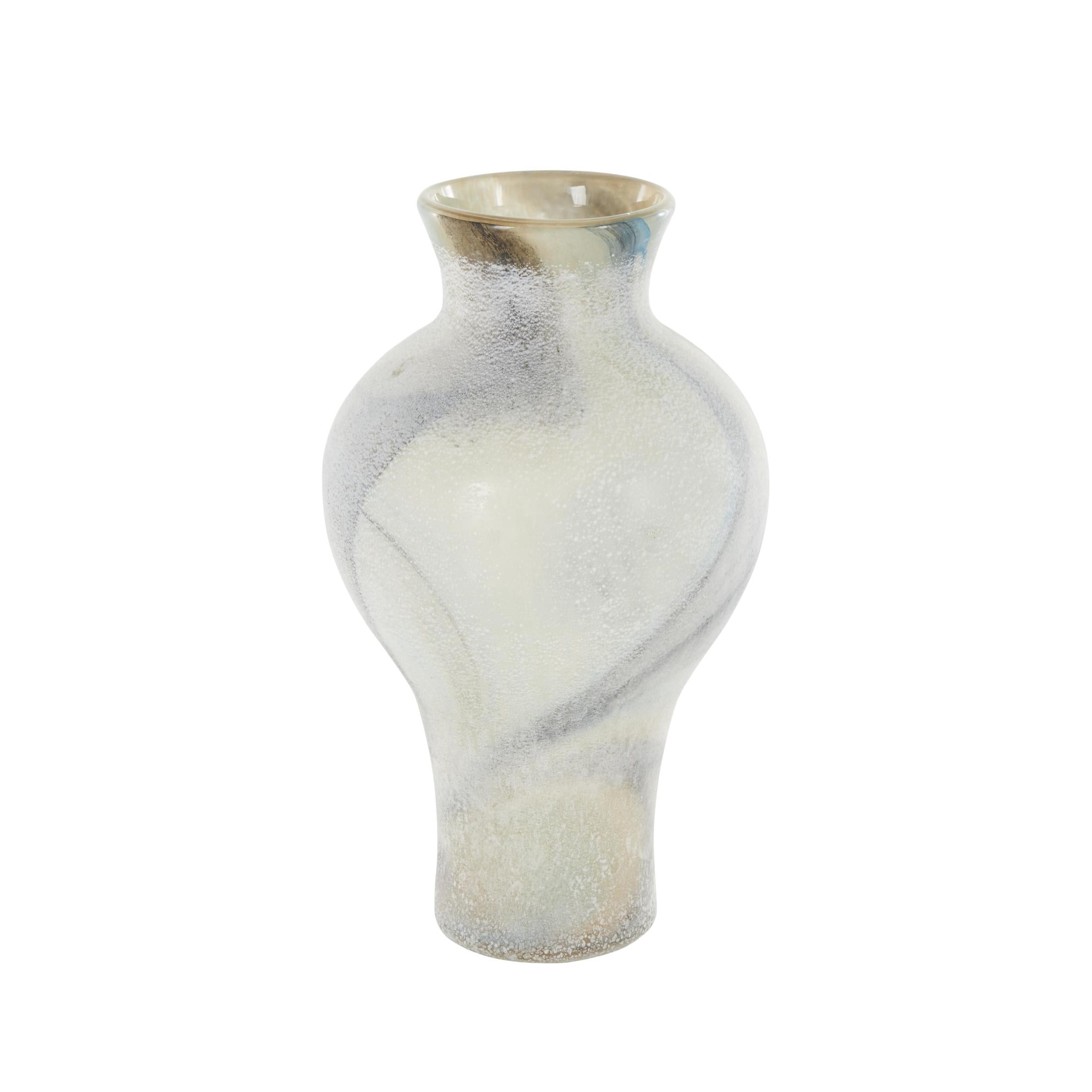 DecMode 12" Distressed Cream Glass Vase with Blue and Tan Texturing