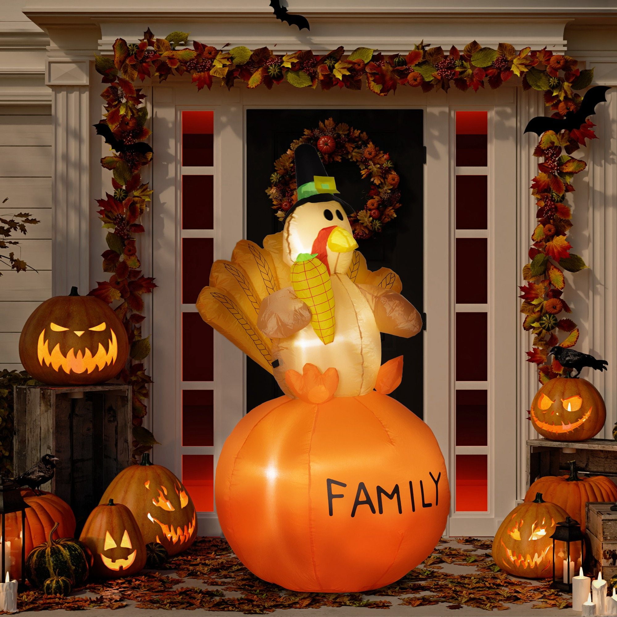 59.1IN Inflatable Thanksgiving Turkey with Wheat-like Tail Feather Decor with White LED Lights Waterproof Polyester Blow Up Yard Ornament