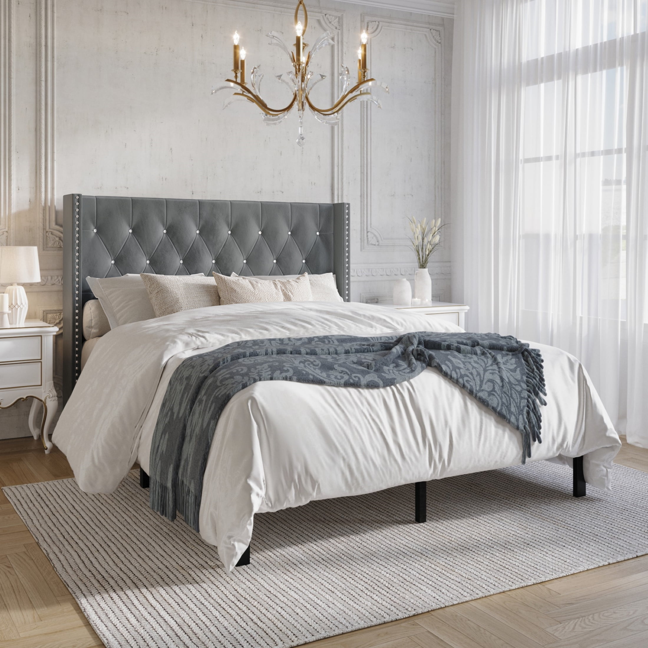 Castle Place Button Tufted Wingback Velvet Upholstered Bed, Light Grey, Queen