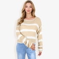 thumbnail image 4 of Women's Long Sleeve Striped Sweater With Crew Neck, Cropped Fit- Medium, Beige, 4 of 6