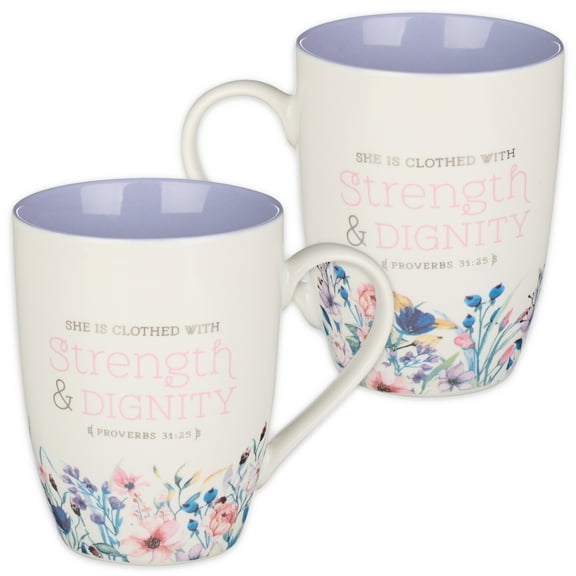 Christian Art Gifts Scripture Ceramic Encouraging Coffee and Tea Mug for Women: Strength and Dignity - Proverbs 31:25 Inspirational Bible Verse Cup for Hot and Cold Beverages, White & Lavender 12 oz.