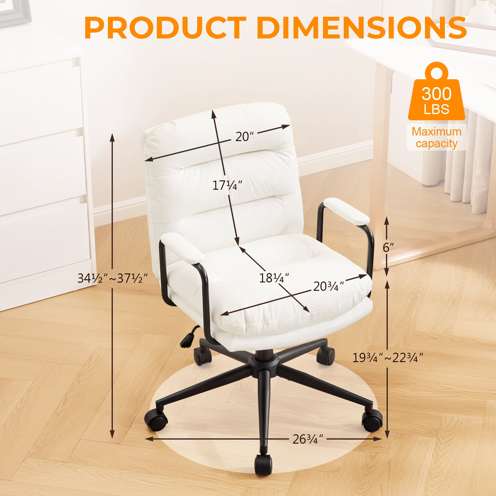Falvinoryn Modern Office Chair, High Back Ergonomic Task Chair with Padded Armrests and Double Cushion, Swivel Home Office Desk Chair, Faux Leather Executive Armchair for Home, Bedroom (White)