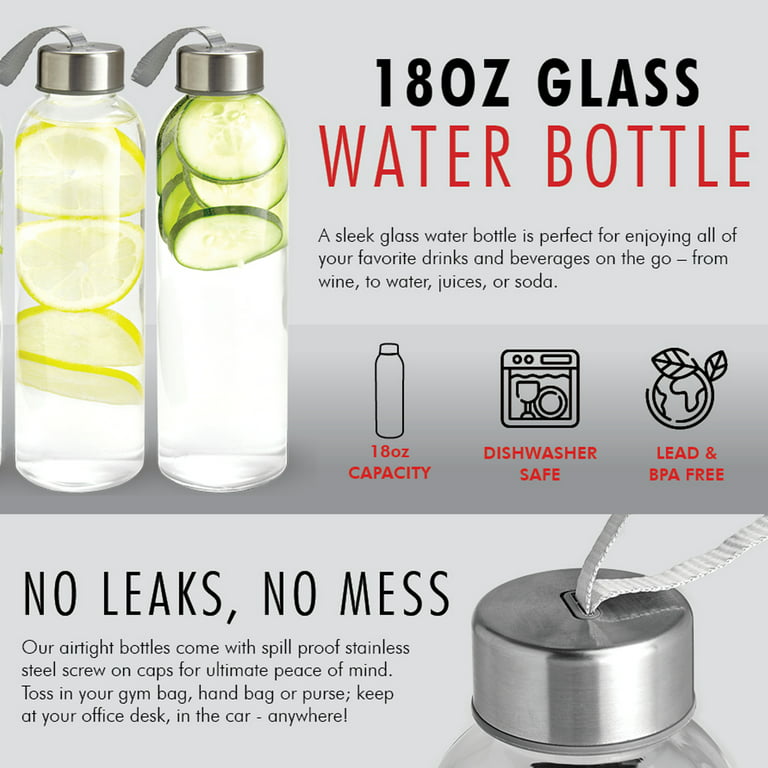 Pratico Kitchen 20 oz. Leak-Proof Glass Bottles, Juice Containers and  Smoothie Bottles, Stainless Steel Caps, 4 Pack
