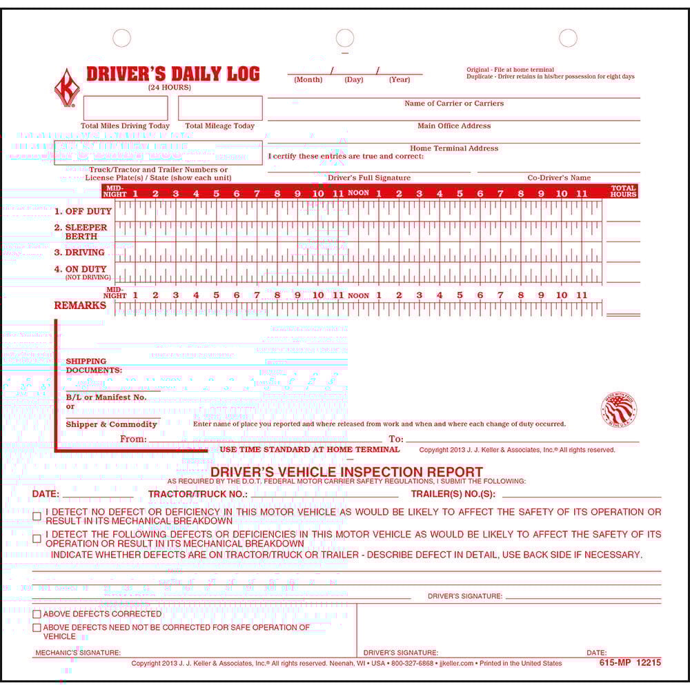Mid-Size Driver Daily Log 5-pk. w/Simplified Driver Vehicle Inspection Report - Shrinkwrapped Loose-Leaf Format, 2-Ply Carbonless, 8.5" x 8.25", 31 Sets of Forms Per Unit - J. J. Keller & Associates