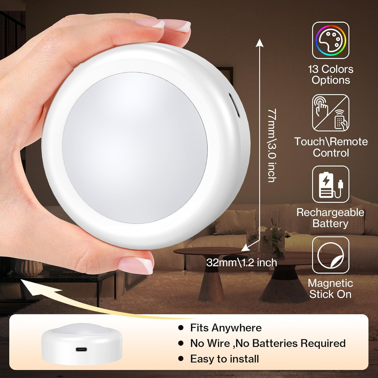 JJEAN-Under Cabinet Lighting, Rechargeable Puck Lights with Remote Control, 13 Colors RGB LED Rechargeable Night Light, 1000mAh Battery Operated Wireless Push Light, Magnetic Stick-on Design (1pcs)