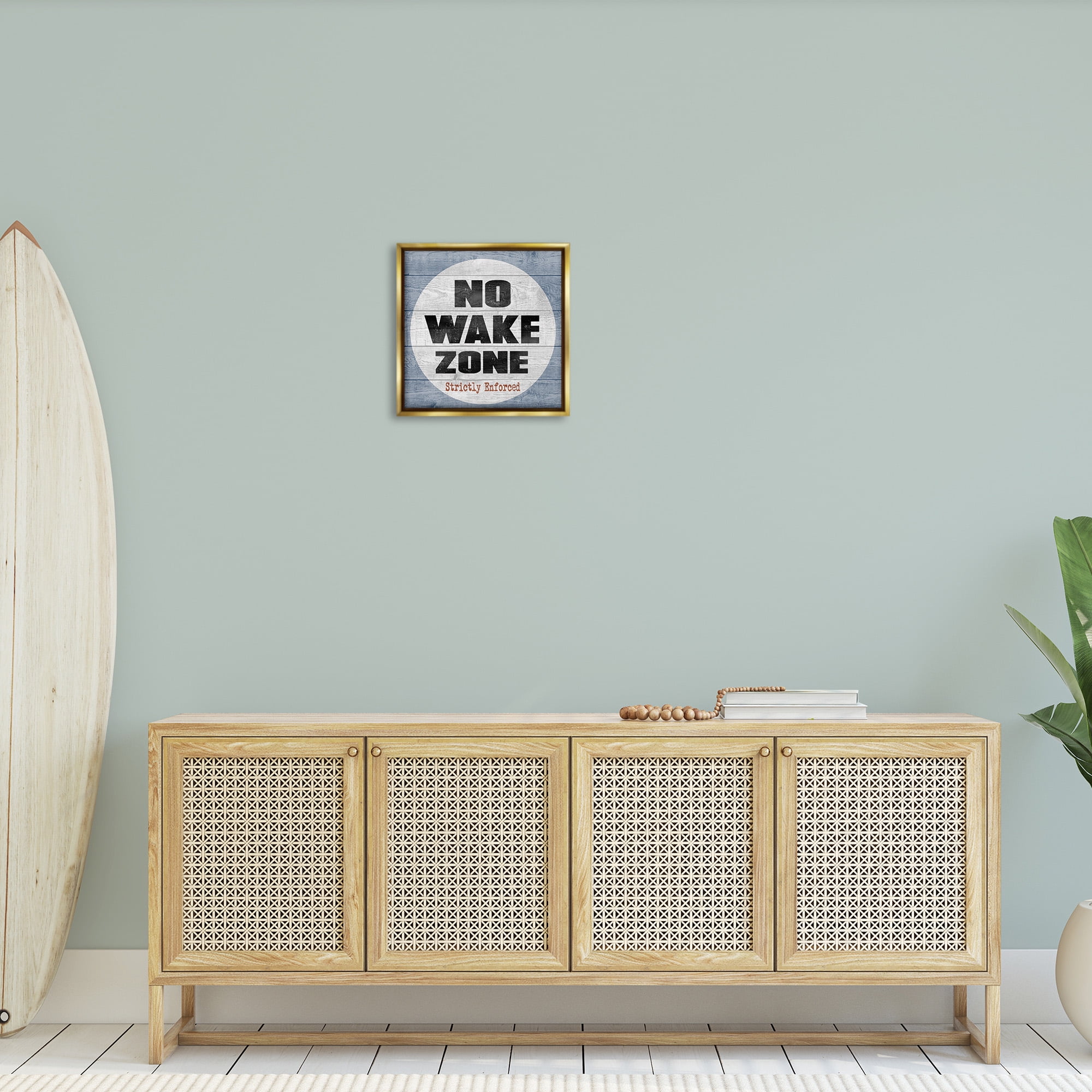 Stupell Industries No Wake Zone Beach Planks Nature Painting Gold Floater Framed Canvas Art Print Wall Art, 18 x 18