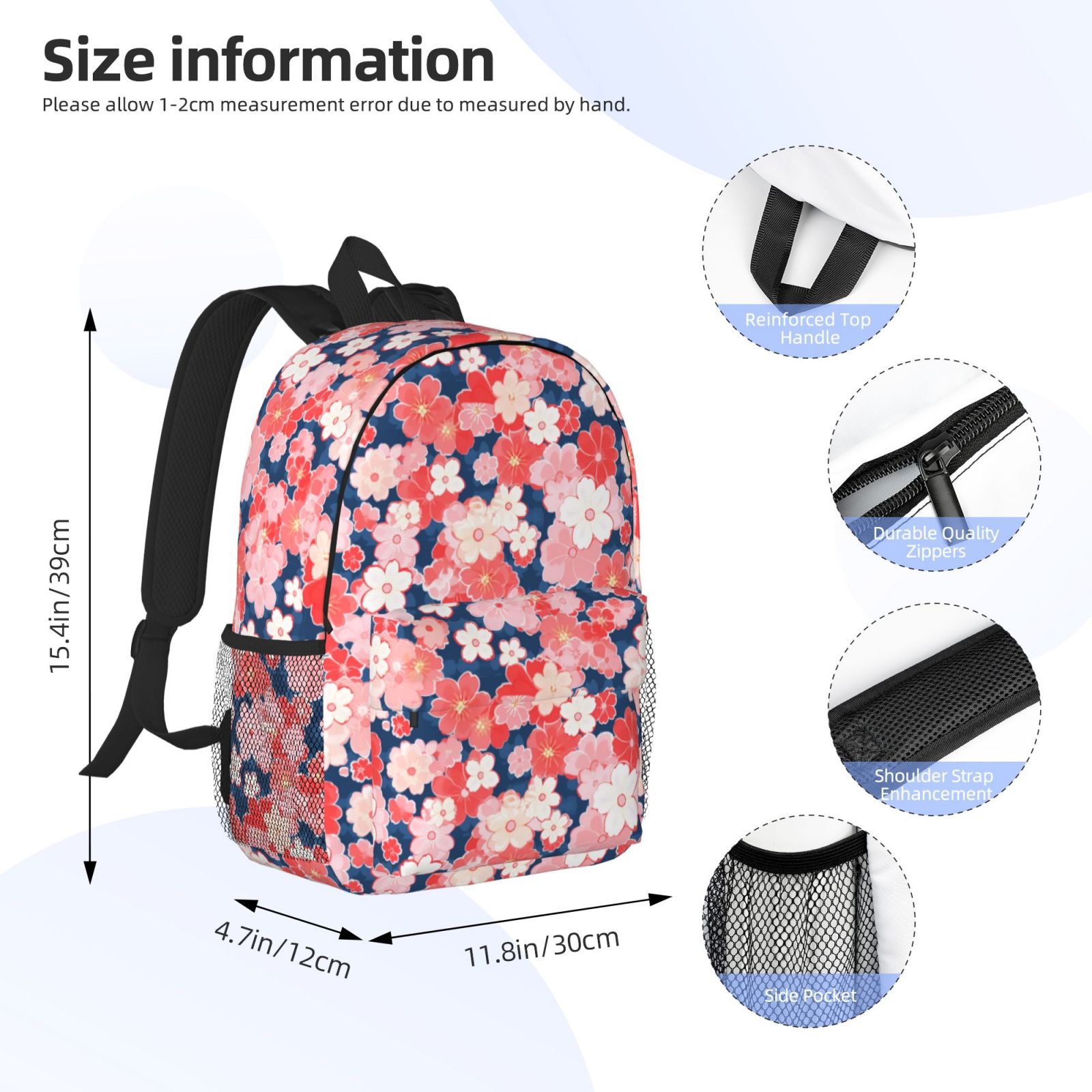 Rateoe Japanese Cherry Blossoms Pattern Student Backpack Water-resistant Backpack 15-inch Laptop Backpack Lightweight Adjustable School Backpack