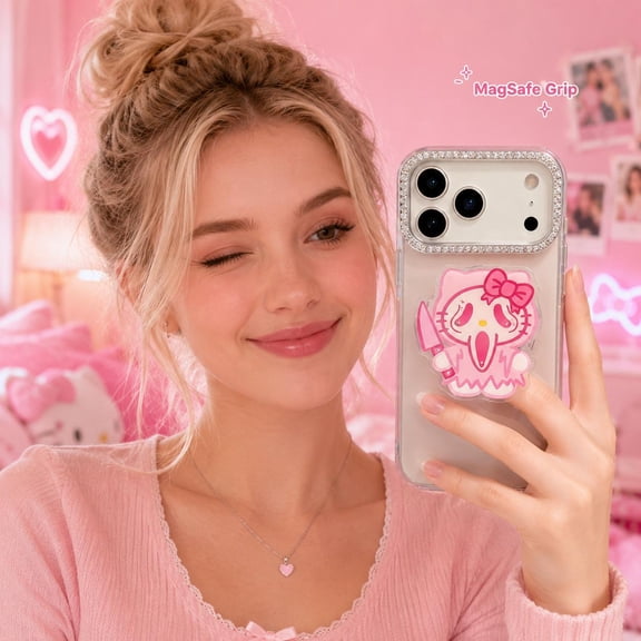 Cute Pink Ghost Face Kitty Kawaii Phone Stand, Magnetic Phone Grip Holder,Expandable Collapsible Glossy Acrylic Snap-On Kickstand, Anti-Drop Hand Grip Compatible with MagSafe iPhone & Android, Girls