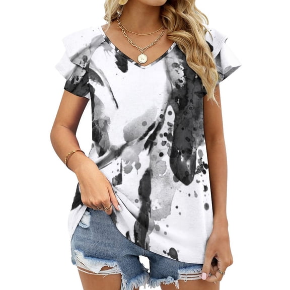 T-Shirt Women'S Black And White Half Faced Dalmatian Dog Ruffle Short Sleeve T Shirts Summer V Neck Tops Fashion Casual Tee Shirt Dalma