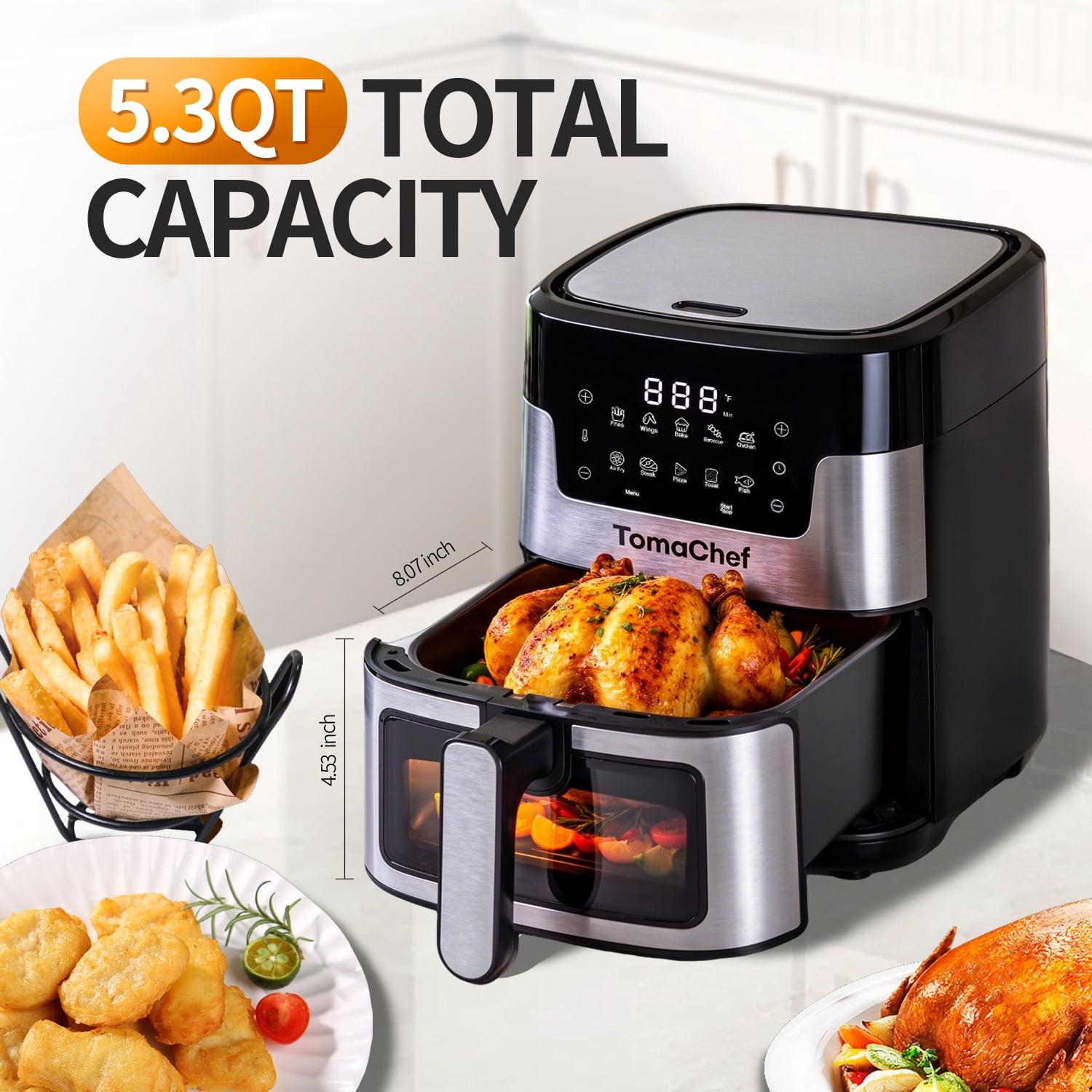 TomaChef 5.3QT Air Fryer, Black and Stainless Steel - Viewing Window, 10 Preset Menus