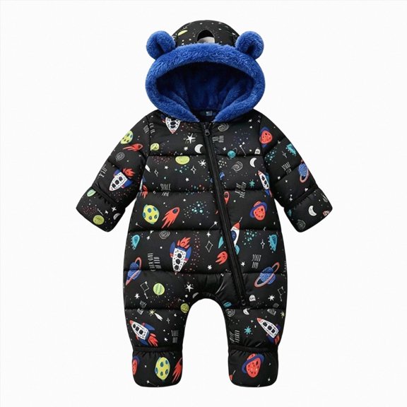 9-12 Months Newborn Baby Winter Snowsuit Fleece Bear Ear Hooded Footed Romper Cartoon Print Zipper Infant Jumpsuit Warm Snowsuit Jumpsuit Unisex Fall Winter
