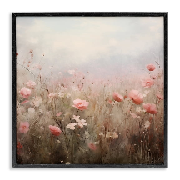 Stupell Industries Blooming Pink Meadow Flowers Landscape & Nature Painting Black Framed Art Print Wall Art, 12 x 12