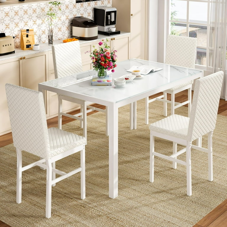 AWQM 5-Piece Dining Set, Glass Table with PU Leather Chairs