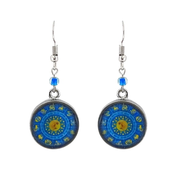 Round New Age Spiritual Astrology Zodiac Wheel Graphic Metal Dangle Earrings - Womens Fashion Handmade Jewelry Boho Accessories