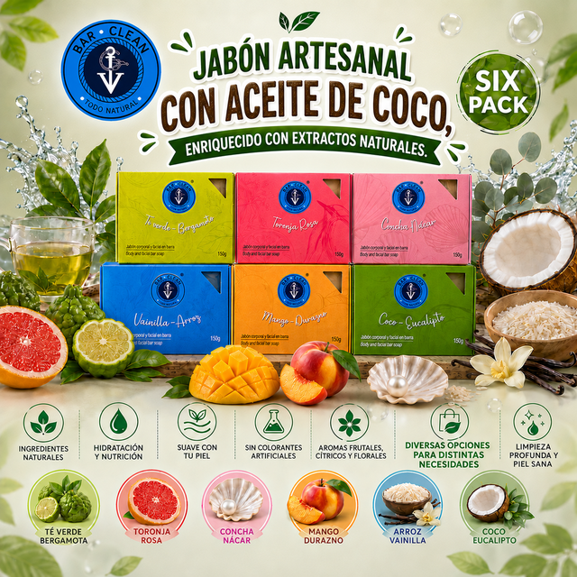 Jabón artesanal corporal y facial Bar-Clean mix pack 6 barras de 150g c/u