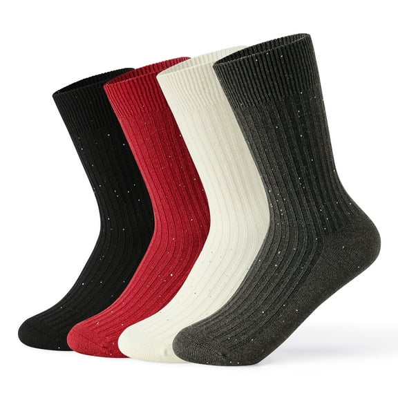 Gaoso Women's Sparkly Ankle Socks 4 Pack Sequin & Crochet Detailing Ultra-Soft Crew Socks Vintage Socks(Black/Gray/Red/White)
