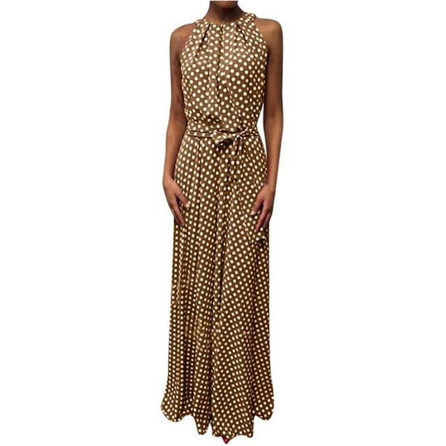AMERTEER Robe Maxi de Soirée/banquet pour Femmes, Sans Manches, à Pois, avec Ceinture et Dos Nu