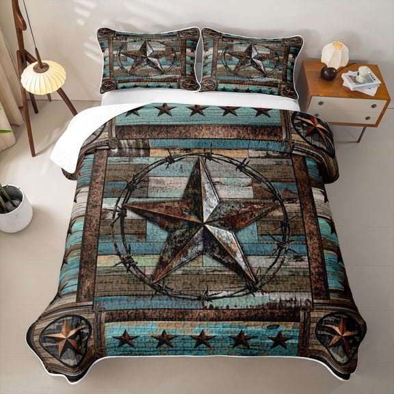 Erosebridal Rustic Texas Stars Twin Quilt Set,Vintage Wood Western Twin Coverlet Set For Boys,2-Piece
