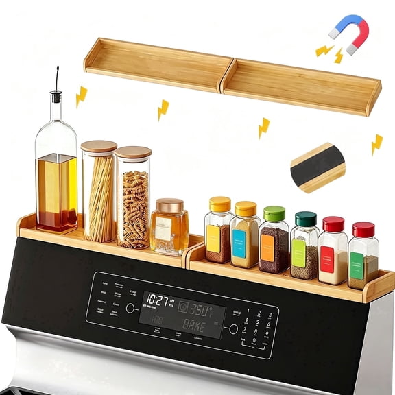 2-Pack Magnetic Stove Top Shelf, 30" Adjustable Bamboo Spice Rack, Stove Organizer for Flat Top Only, No-Drill Magnetic Mount, Kitchen Storage Rack for Stove