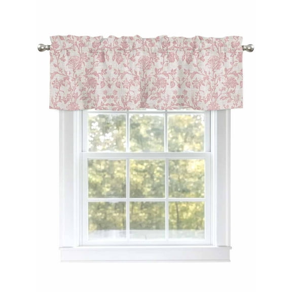 Kitchen Valances for Window, Vintage Farmhouse Pink Flower on Linen Light Filtering Rod Pocket Valance Curtain, Spring Botanical Short Curtains Window Topper for Bedroom 54x18in