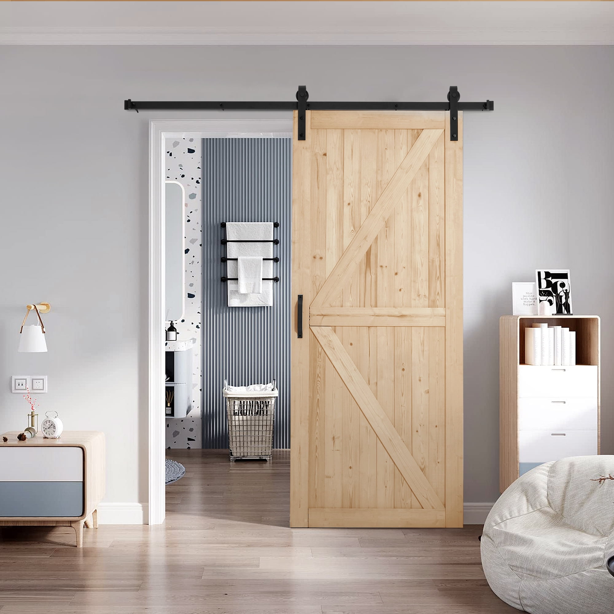 MELLCOM 36x84in Spruce Sliding Barn Door with 6.6FT Hardware Kit, DIY Stainable for Closet & Interior Rooms, Natural