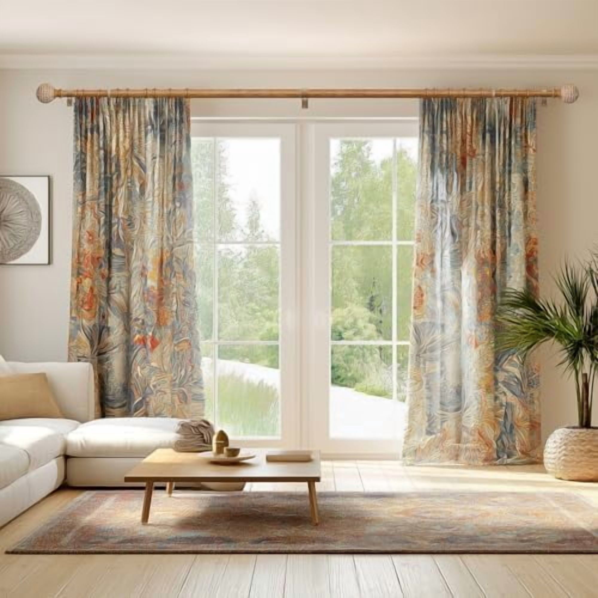 Wood Curtain Rods for Windows,1'' Diameter Drapery Rods with Imitation Wood Grain Leaf Pattern Finials,Boho Adjustable Heavy Duty Curtain Rods Set,18-45'',Color:Natural Wood