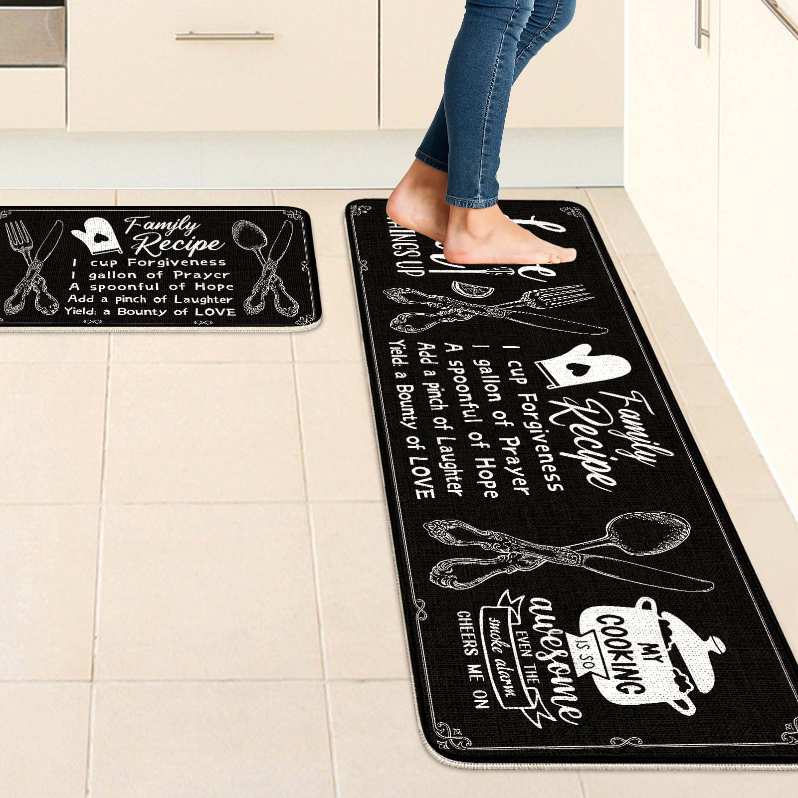 Black Farmhouse Chef Kitchen Rugs and Mats Set of 2, 17"x47"+17"x30" Non-Slip Machine Washable Runner Rugs for Kitchen Floor, Soft Kitchen Mat Set for Home,Laundry Room,Chef Pattern