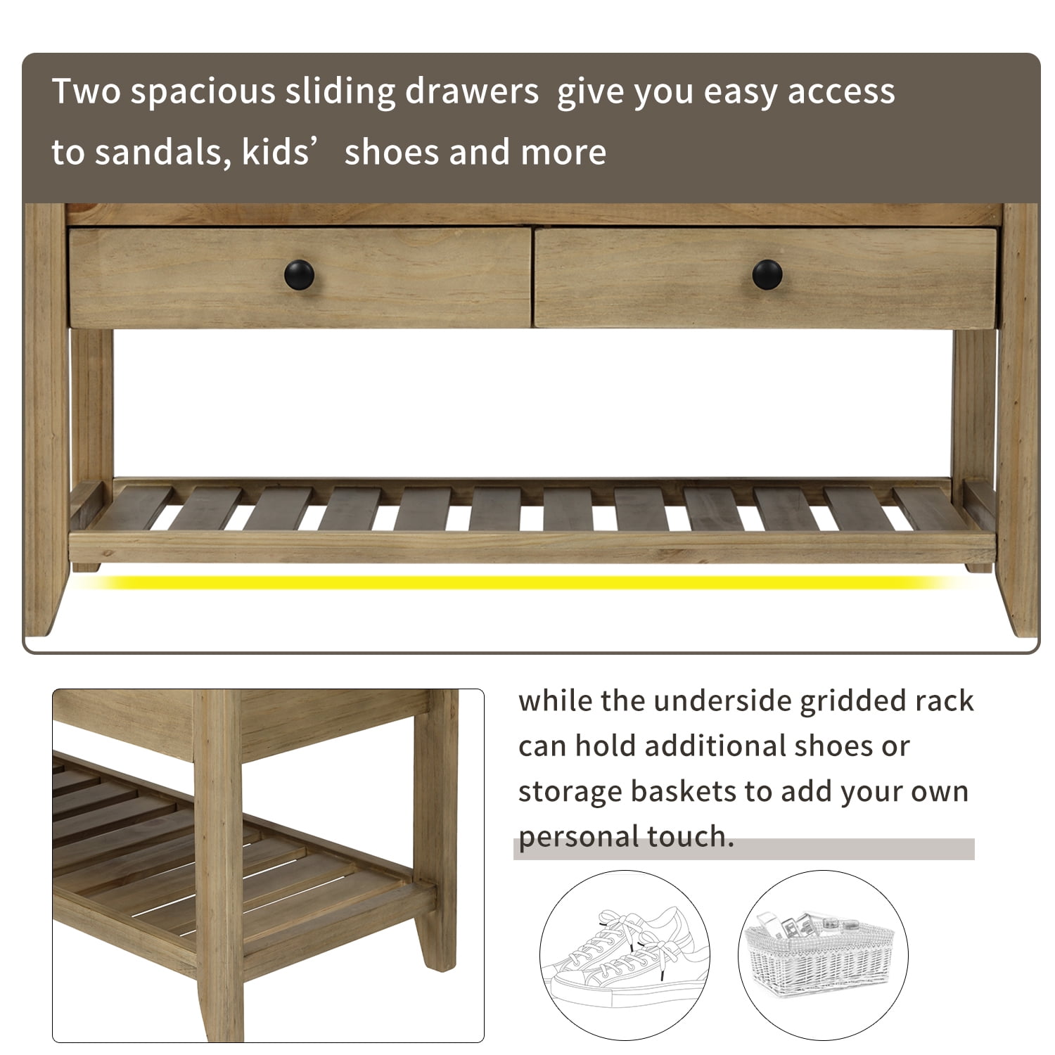 DEALTOPS Vintage Storage Bench with 2 Drawers and Soft Cushion, Multipurpose Shoe Rack for Entryway - Gray Wash