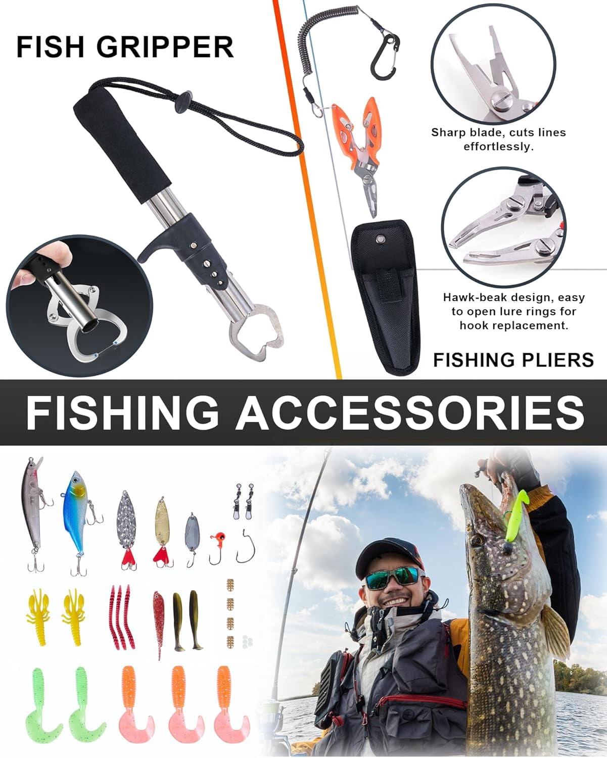 Fishing Backpack with Tackle Box,900D Oxford Water-Resistant Gear with Rod Holder, Fishing Gifts for Men with Lures, Pliers, Lip Gripper
