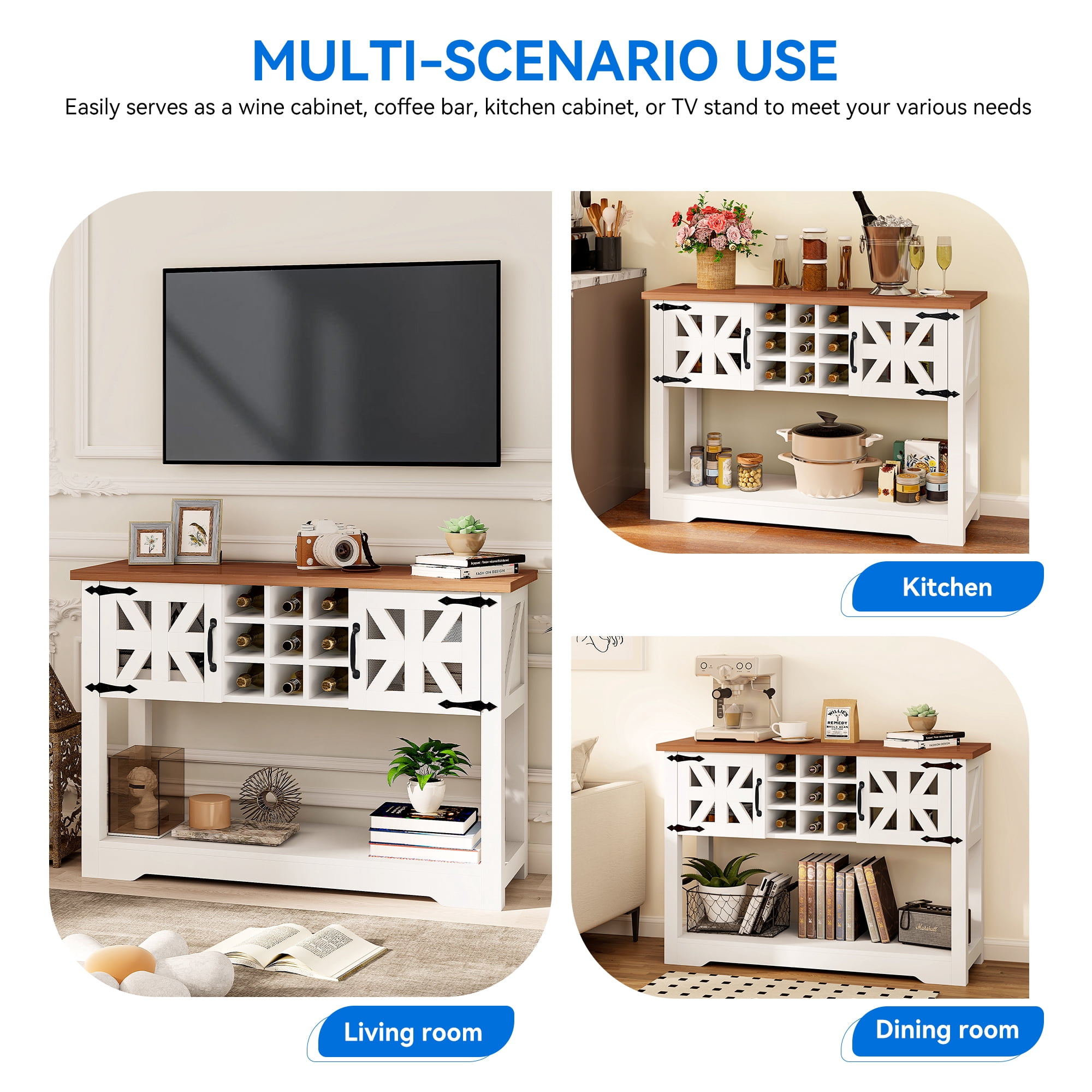 Uforic Farmhouse Buffet Table Kitchen Cabinet, Buffet Cabinet Sideboard Storage Cabinet, White