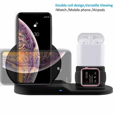 3 in 1 Wireless Charging Stand for Apple iWatch, Charging Station for Airpods, Qi Fast Wireless Charger Dock for Apple iWatch/iPhone X/8 Plus/8, Samsung S8 and Other Qi-Enabled
