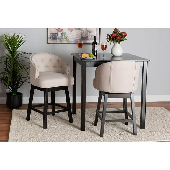 Baxton Studio Theron Mid-Century Transitional Light Beige Fabric and Espresso Brown Finished Wood 2-Piece Swivel Counter