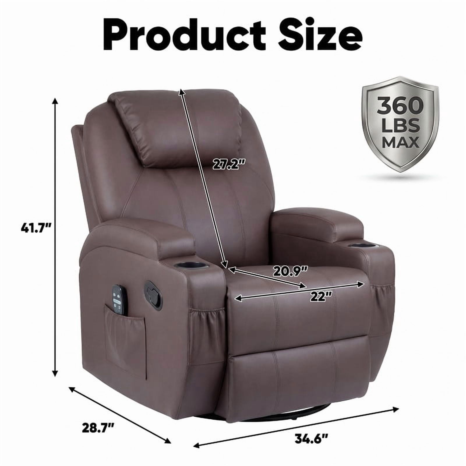 Lacoo PU Leather Swivel Rocker Recliner with Massage for Living Room Small Spaces Lounge Recliner Chair with Side Pockets for Adults,PU Brown