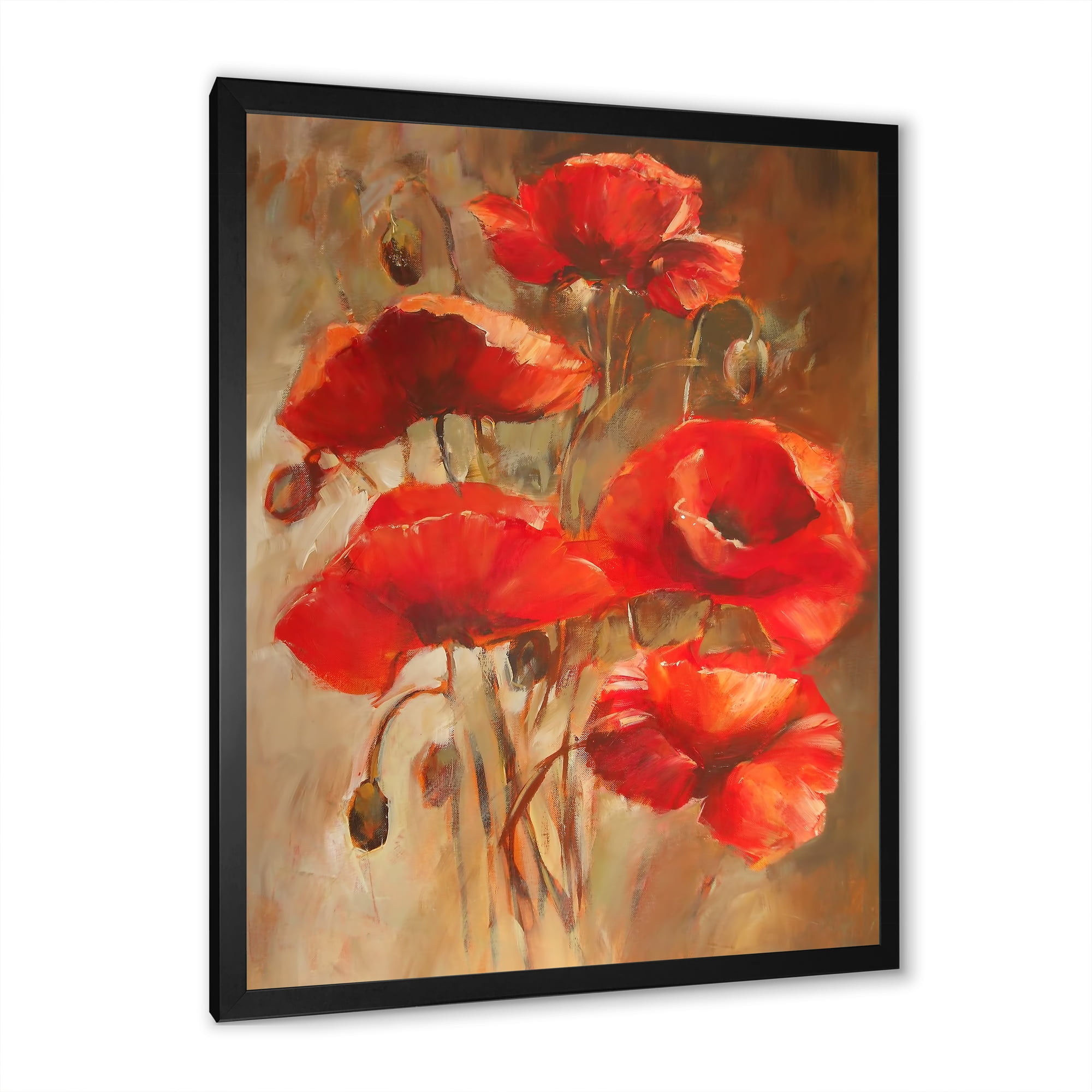 Designart 'Red Blossoming Poppies Over Wild Brown II' Traditional Framed Art Print