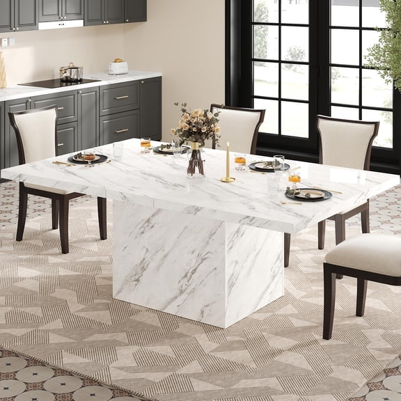 LVB Dining Table for 6 to 8 People, 71" Rectangular White Faux Marble Kitchen Table, Modern  Engineered Wood Dinner Table for Dining Room or Living Room