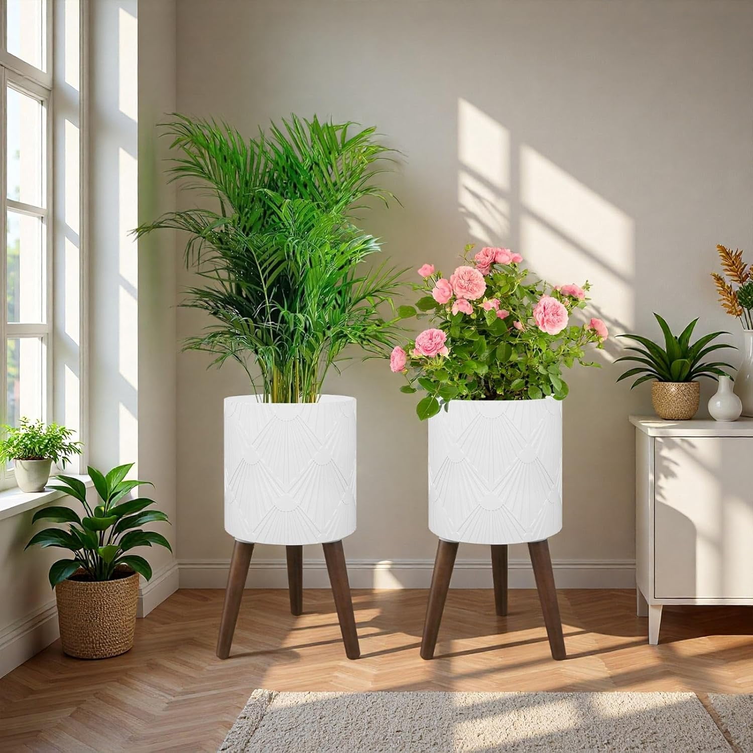 XYJBHB White Plant Pot with Stand, Large Modern Standing Planters Flower Pots for Indoor Outdoor with Drainage Holes and with Legs (Plant Not Included) 2 Pack, 10 & 12 Inches