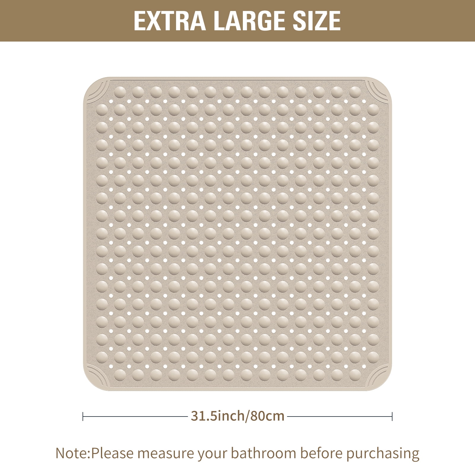 Yolife Shower Mat 31.5"x31.5" - TPE Non-Slip Bath Mat/Suction Cups & Drain Holes, Heavy Duty for Shower Stall, Odor-Free,Beige