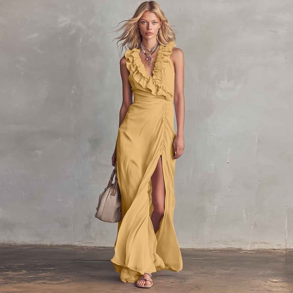 QUNYINEY Party Summer Wedding Guest Dresses for Women Elegant Sleeveless Formal Long Cocktail Dresses Slim Fit Ruffle Solid with Slit V Neck Dresses