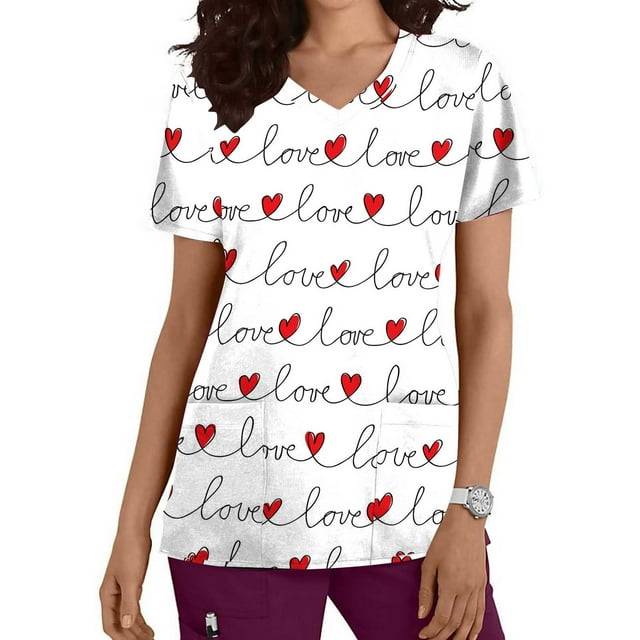 TIMIFIS Hauts de Sarrau d'Infirmière Blancs pour Femmes, Saint-Valentin, Uniforme de Travail, Manches Courtes, Col en V, Blouse T-shirt de Travail avec Poches - Imprimé Blanc