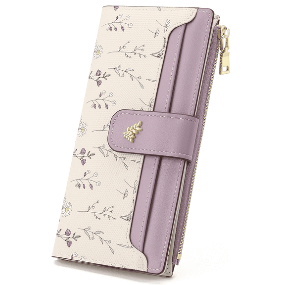 Prichor Women's Wallet Slim Thin RFID Blocking Floral Vegan Leather Card Holder, Bifold Long Ladies Wallet with Zipper Pocket